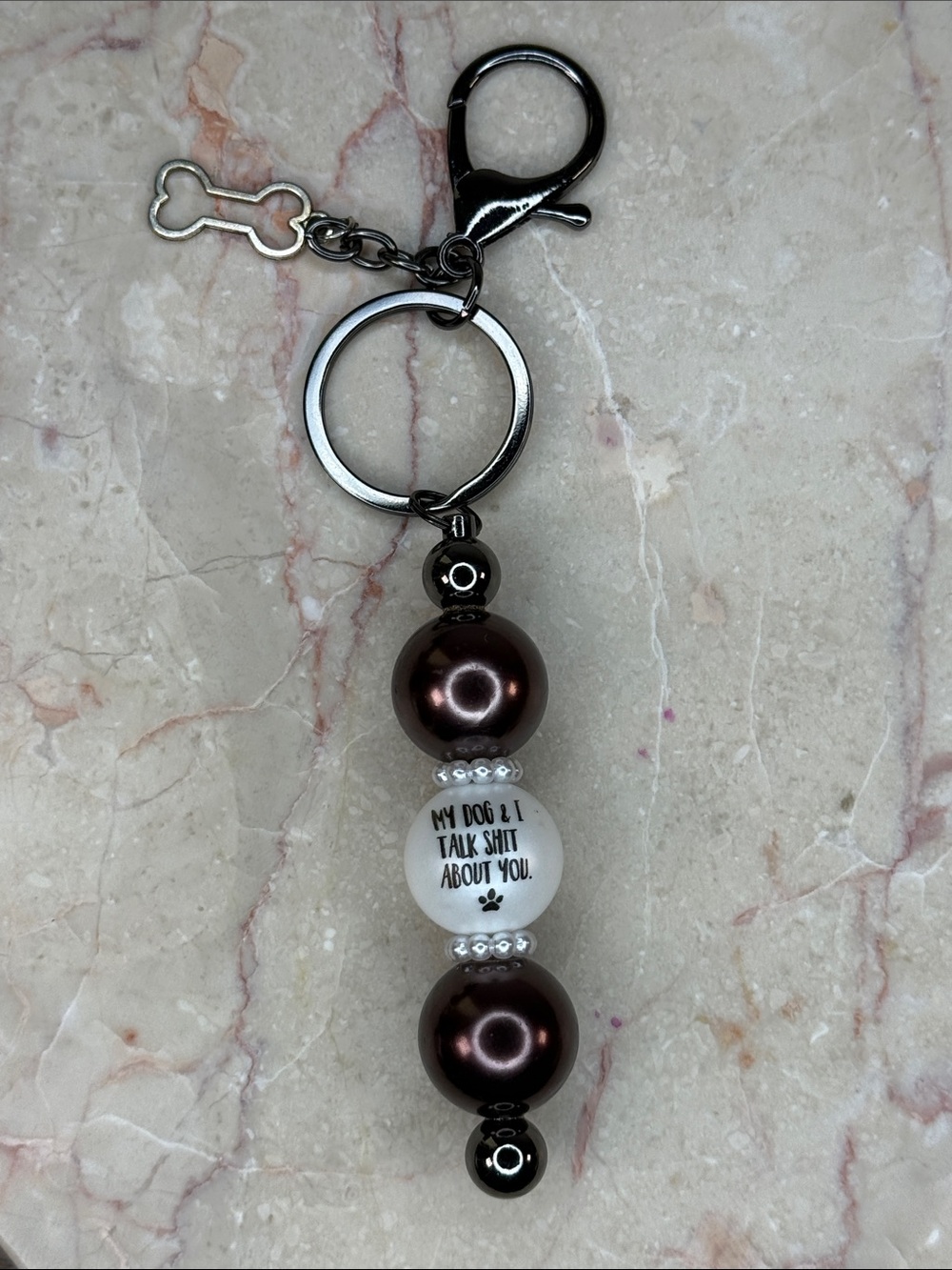 Beaded Dog Lover Keychain with Brown Pearlescent Beads